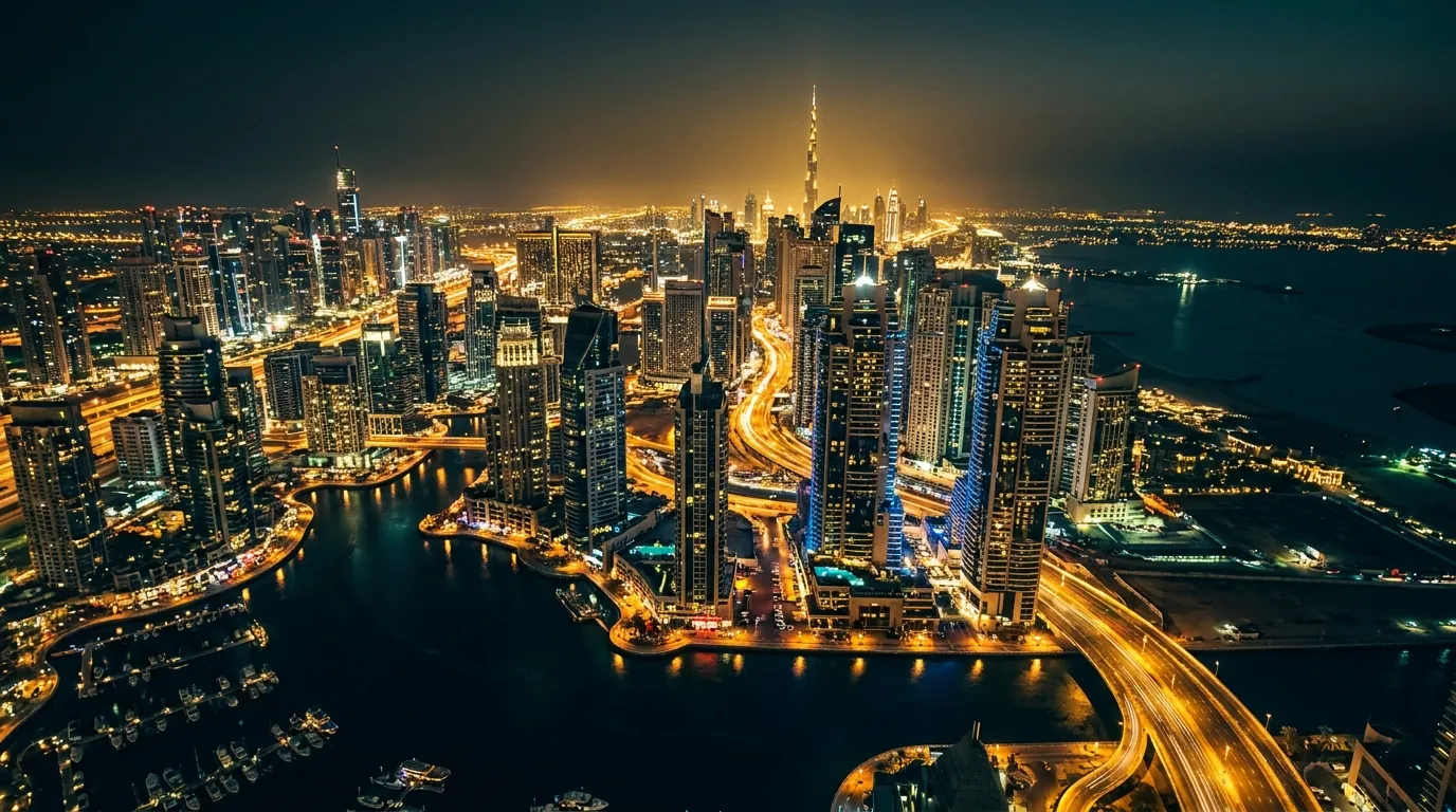 Aerial view of Dubai at night