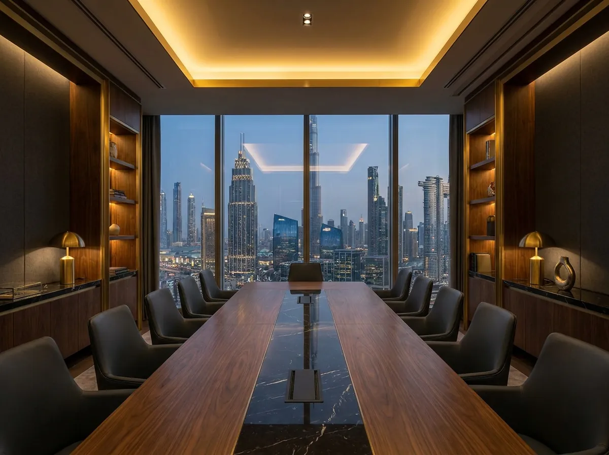 Executive boardroom overlooking the Dubai skyline